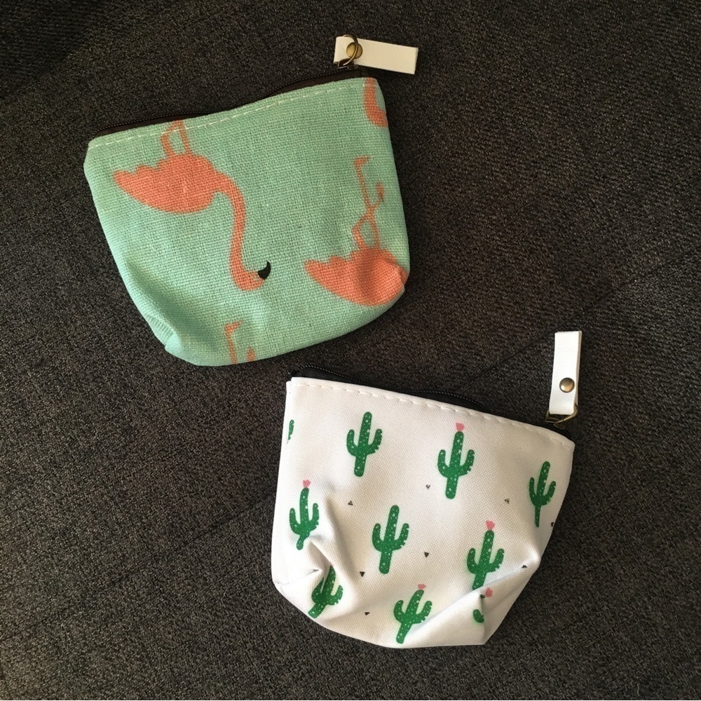 Set/2 Small Coin, Travel Zip Pouches, Neutrals, CACTUS, FLAMINGO